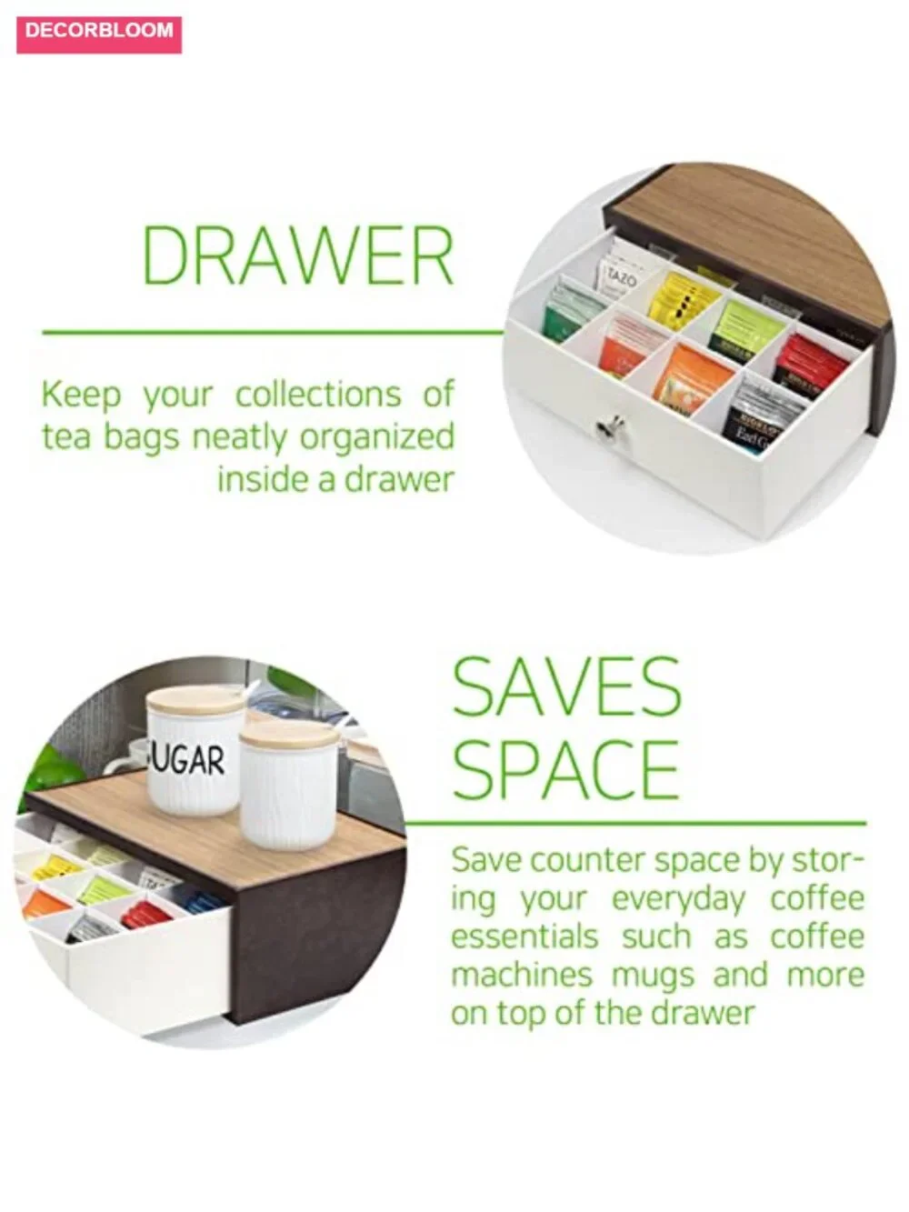 Tea Bag Organizer Countertop with Drawer 12 Compartments Acrylic Leather